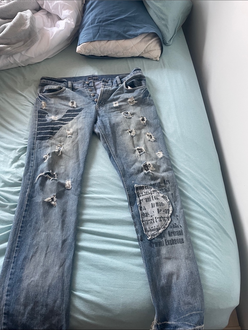 Armani Jeans Light Blue Distressed Straight-Leg Pants